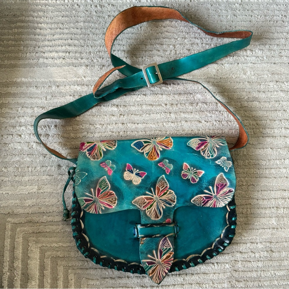 Genuine Blue Leather Crossbody Shoulder Bag Stitched in Waxed Thread, HANDMADE